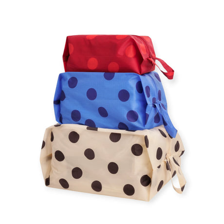 Polka dot 3D storage pouches set with zip closures, red, blue, and beige bags