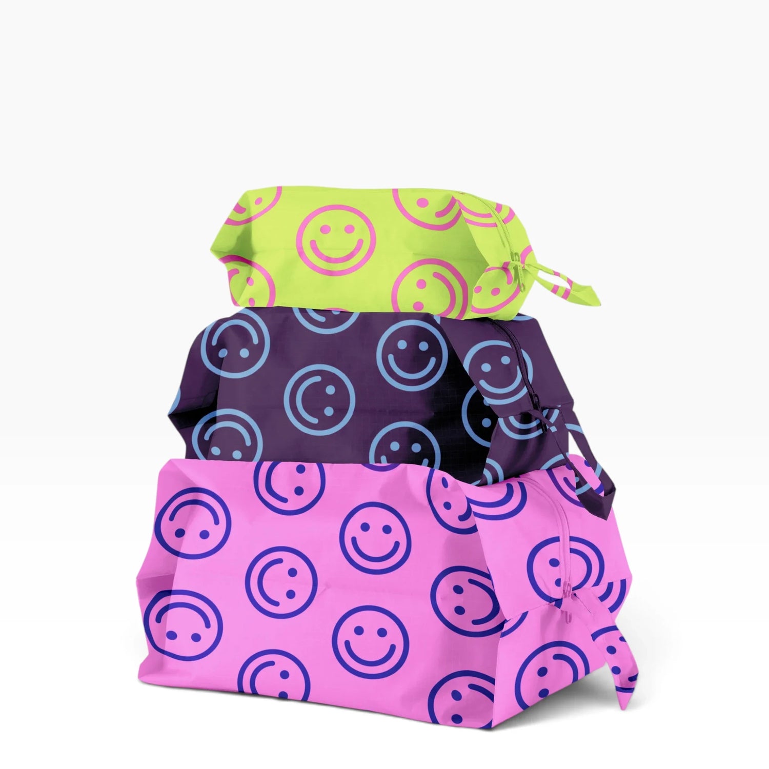3-piece zippered storage pouch set with smiley circle patterns, bright pink and purple