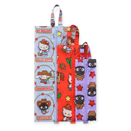 Set of four Hello Kitty x Baggu Western-themed storage pouches with colorful cartoon characters on white background