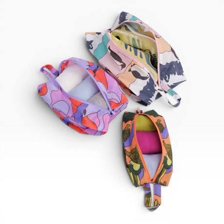 Travel storage set pouch set with three openings and zip closures, animal print