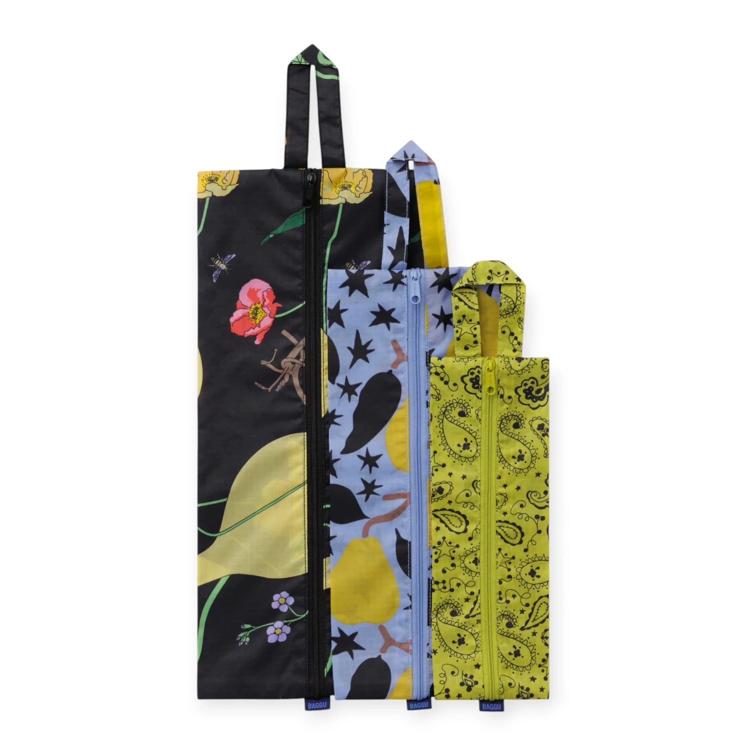 Baggu 3D storage travel set with three zip pouches in black, blue, and green prints