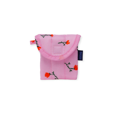 The Baggu Puffy Earbuds Case - Painted Wildflower is a small, pink floral case with a snap closure and a dark blue "BAGGU" tag—perfect for carrying your earbuds in style.