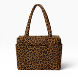 Leopard print tote bag with two top handles and structured rectangular shape