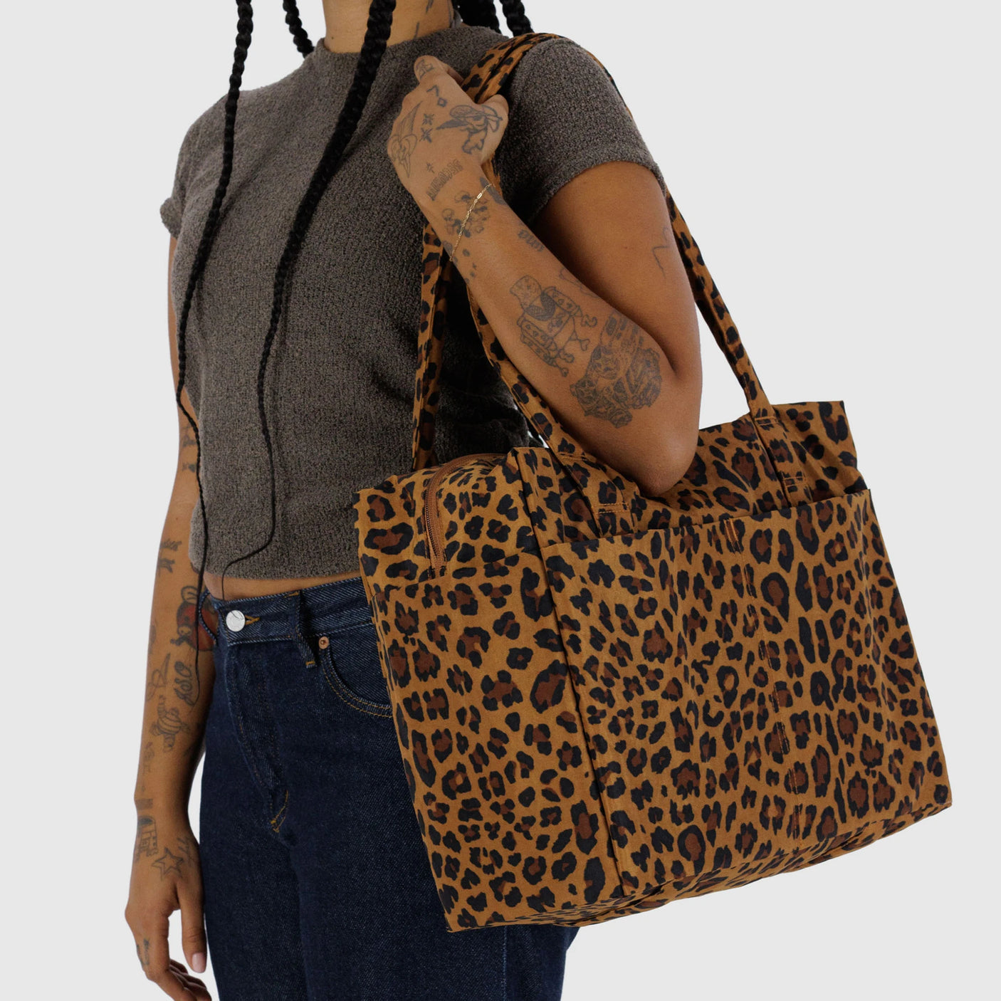 Leopard print tote bag with top handles and side zipper pocket