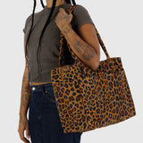 Leopard print tote bag with top handles and side zipper pocket