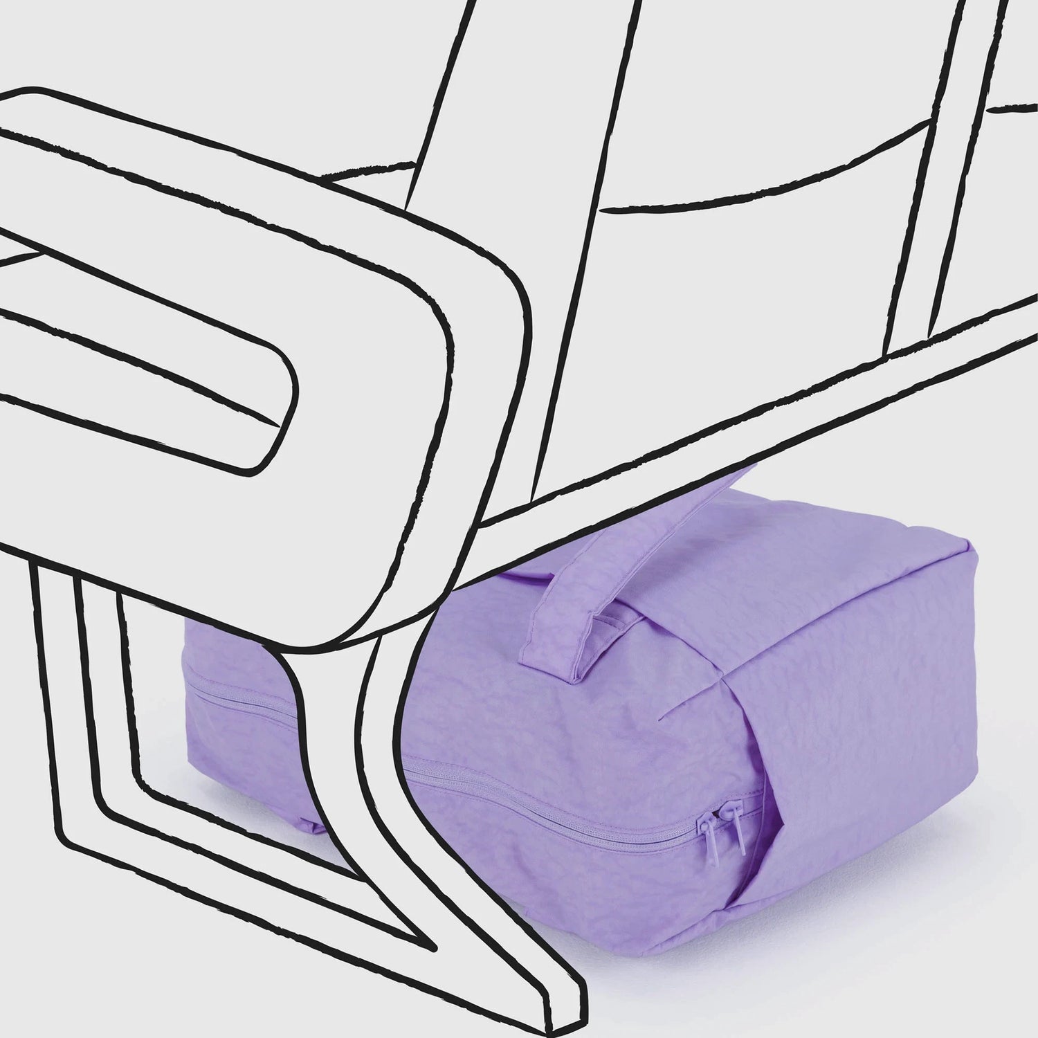 A Baggu Small Cloud Carry-on in Wisteria is shown under a seat, outlined in a simple line drawing style.