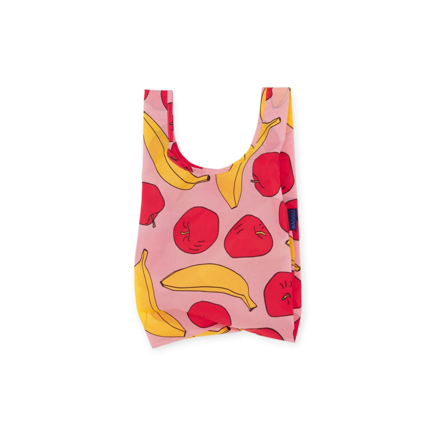 The Baby Baggu Reusable Bag from Baggu features a pink background with a playful pattern of vibrant red apples and yellow bananas, all crafted from recycled nylon.