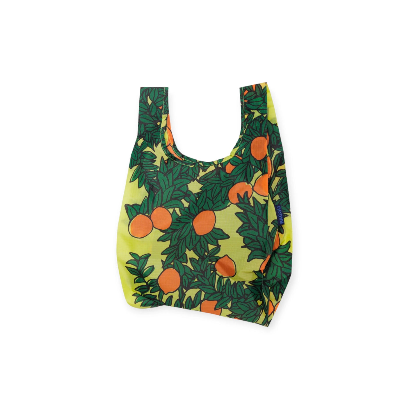 The Baby Baggu Reusable Bag - Orange Tree from Baggu boasts a delightful design with orange fruit and green leaves on a yellow background, made from recycled nylon for an eco-friendly aesthetic.