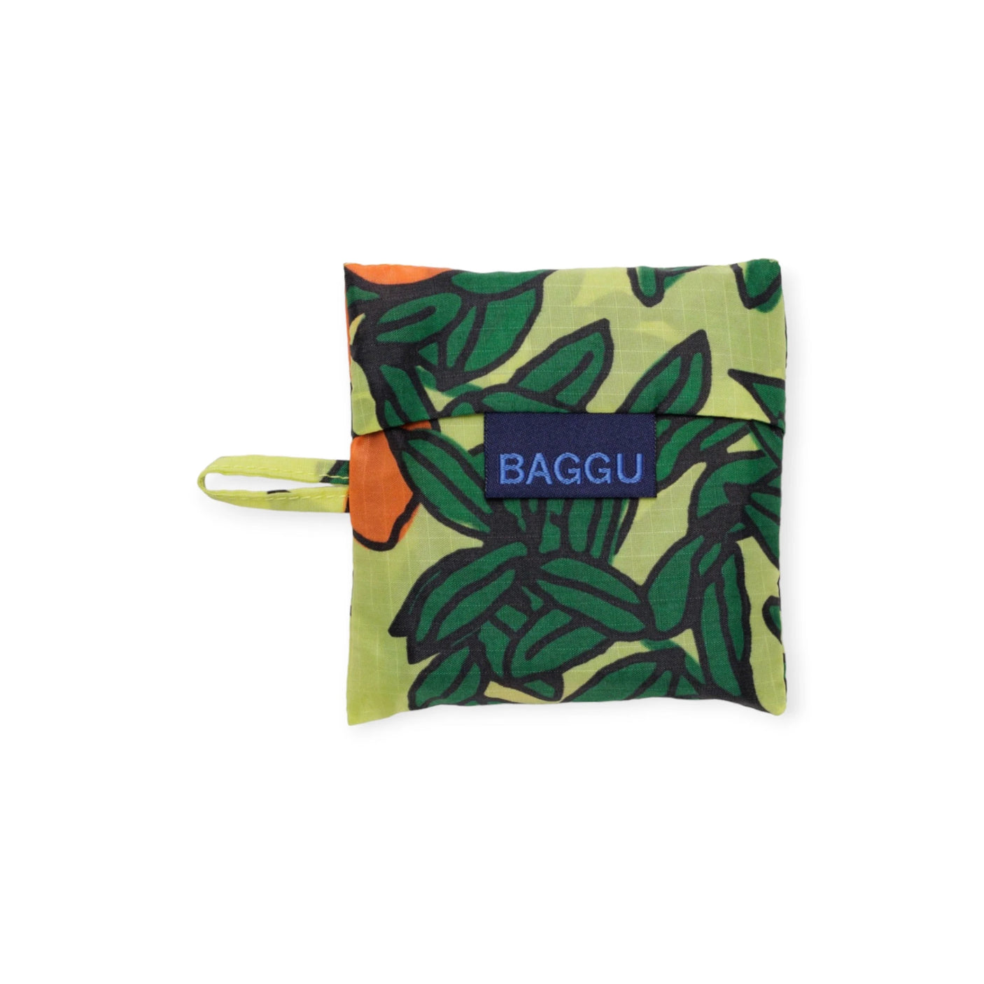 The Baby Baggu Reusable Bag - Orange Tree by Baggu is a small, square pouch made from recycled nylon, featuring a green and orange floral design with a blue "BAGGU" label and a convenient side loop. This bag brings sustainability and style to your everyday essentials.