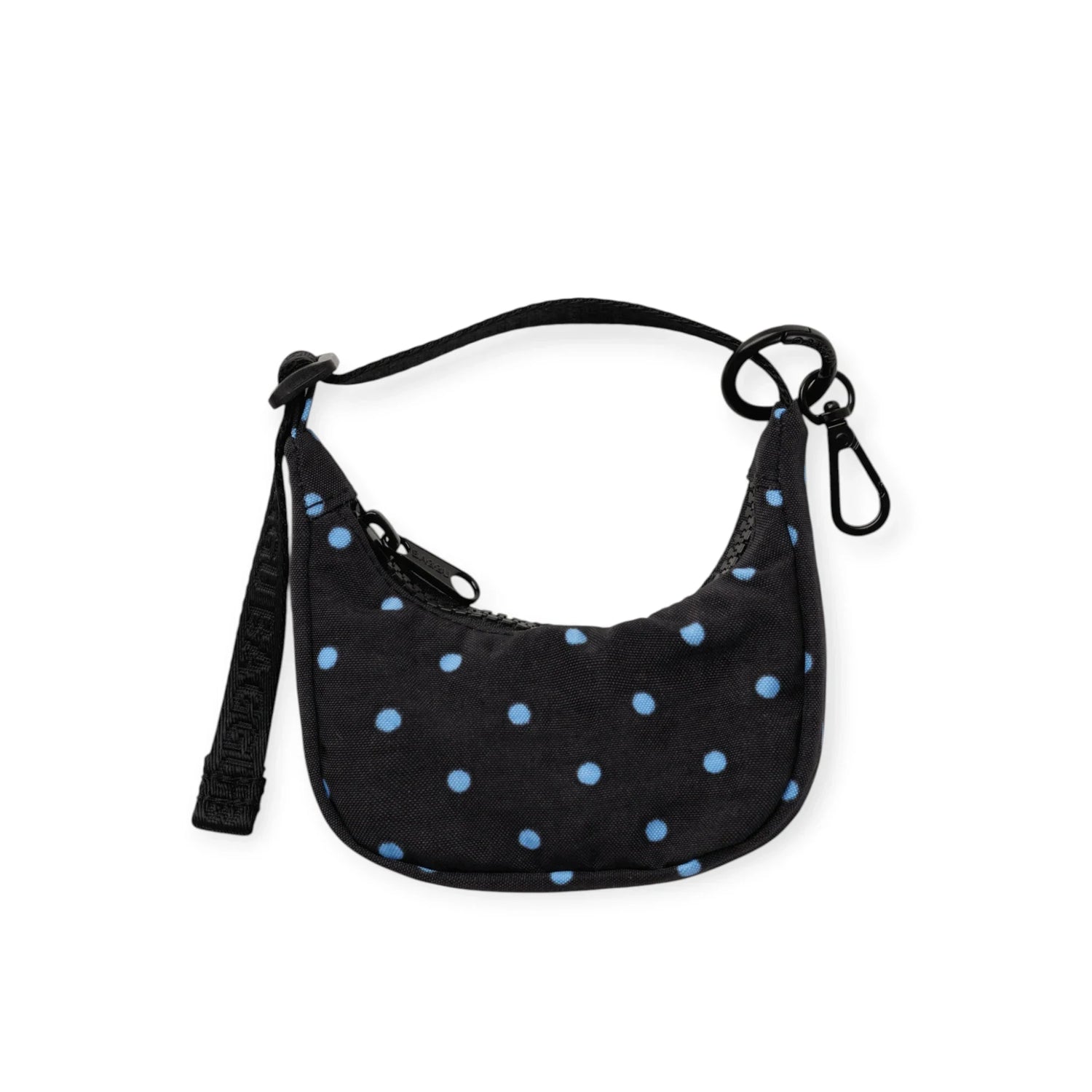 Crescent bag charm pouch with blue micro dots on black, with hanging loop