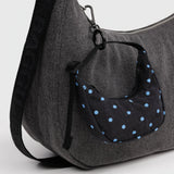 Crescent bag charm pouch with blue micro dots on black, secured with clasp