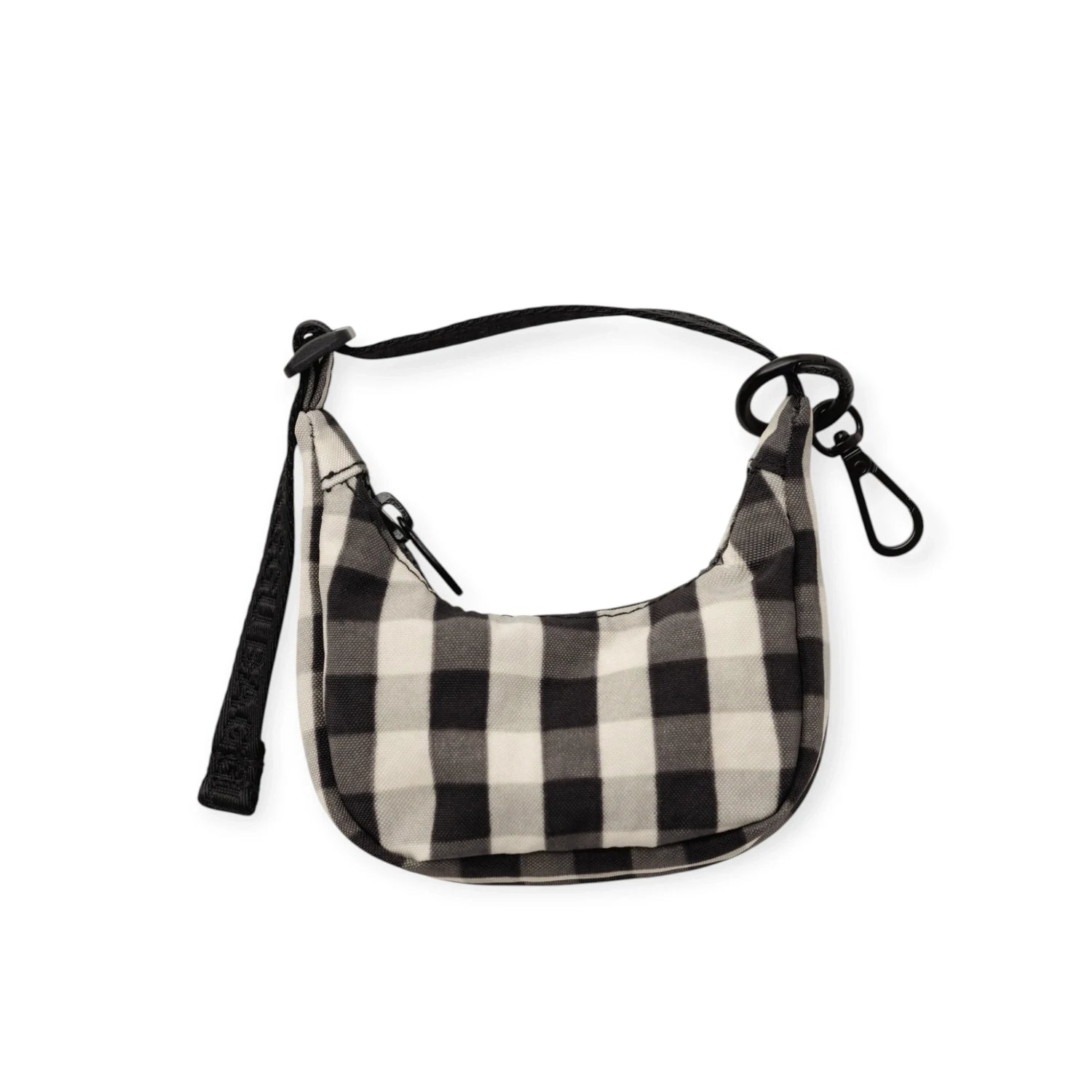 Black and cream gingham crescent bag charm with black strap and clip