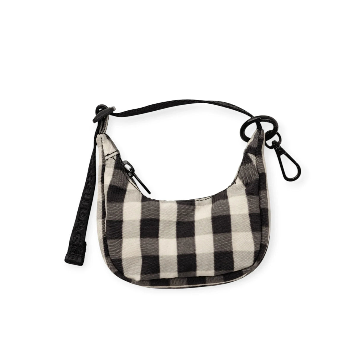 Black and cream gingham crescent bag charm with black strap and clip