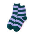 Pair of ankle-length socks with wide dark green and light purple horizontal stripes on white background