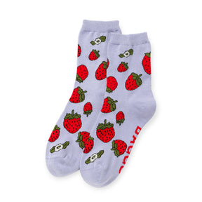 Pair of light purple ankle socks covered with red strawberry and white flower patterns on white background