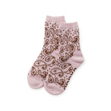 Pink crew socks with brown paisley and star pattern, two socks laid flat