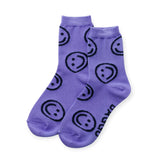 Lavender crew socks with black smiley face pattern, ribbed cuff