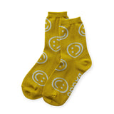 Ochre crew socks with yellow smiley face pattern, ribbed cuffs