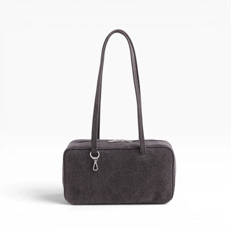 Baggu washed black denim bowler bag with top handles and zip closure.