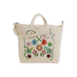 A versatile beige tote bag from Baggu, known as the Duck Bag Medium - Embroidered Birds, showcases colorful floral embroidery and includes both handles and a shoulder strap, styled against a plain background.