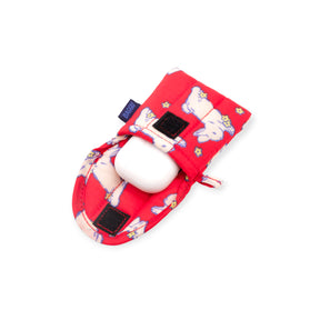 Baggu Puffy Earbuds Case - Bunnies in red fabric with white bunnies and Velcro flap holding white earbuds by Baggu
