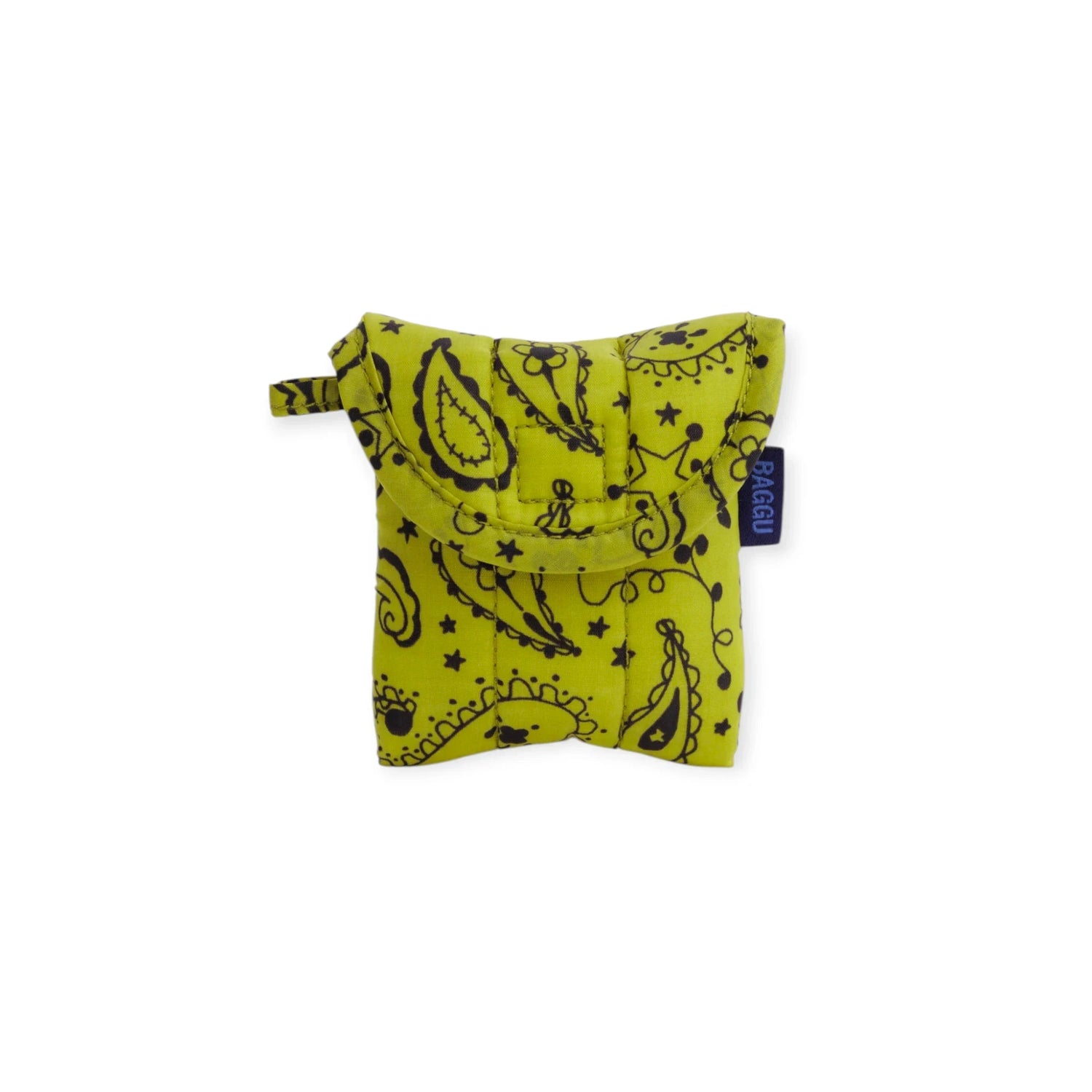 Baggu puffy earbuds case in chartreuse paisley fabric, folded pouch with tag