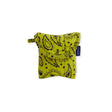 Baggu puffy earbuds case in chartreuse paisley fabric, folded pouch with tag