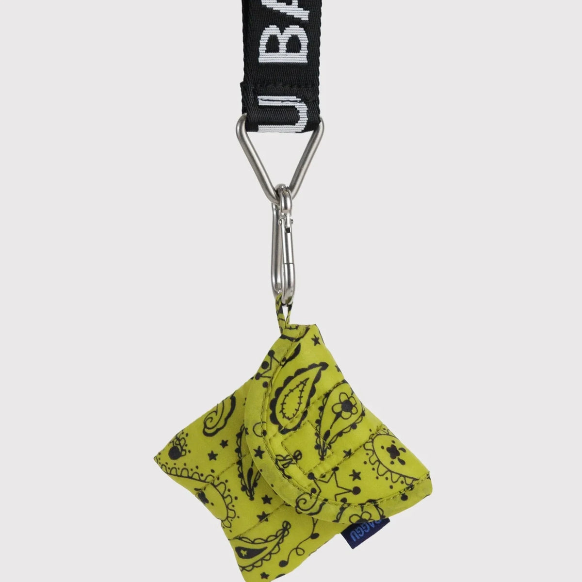 Baggu puffy earbuds case in chartreuse paisley with wrist strap and metal clasp