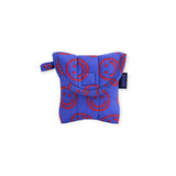 Cobalt blue puffy earbuds case with red smiley circle pattern and small tag