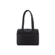 Black rectangular tote bag with long handles and exterior slip pocket on white background