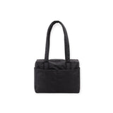 Black rectangular tote bag with long handles and exterior slip pocket on white background