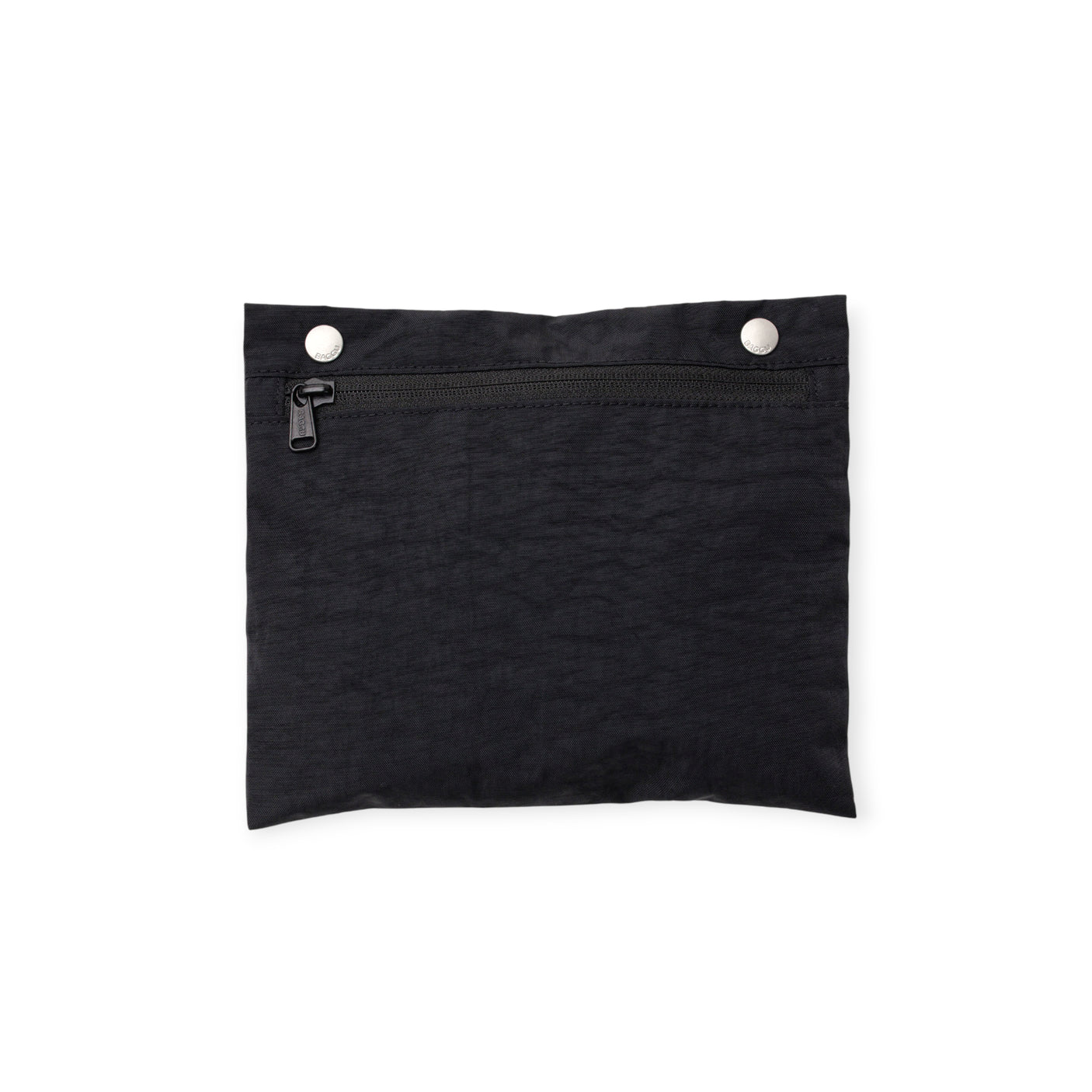 Small black fabric pouch with zipper closure and two silver snap buttons on top edge isolated on white background