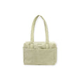 Light beige rectangular tote bag with two shoulder straps and an exterior slip pocket on white background