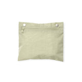 Light beige fabric pouch with zipper closure and two silver snap buttons on plain white background