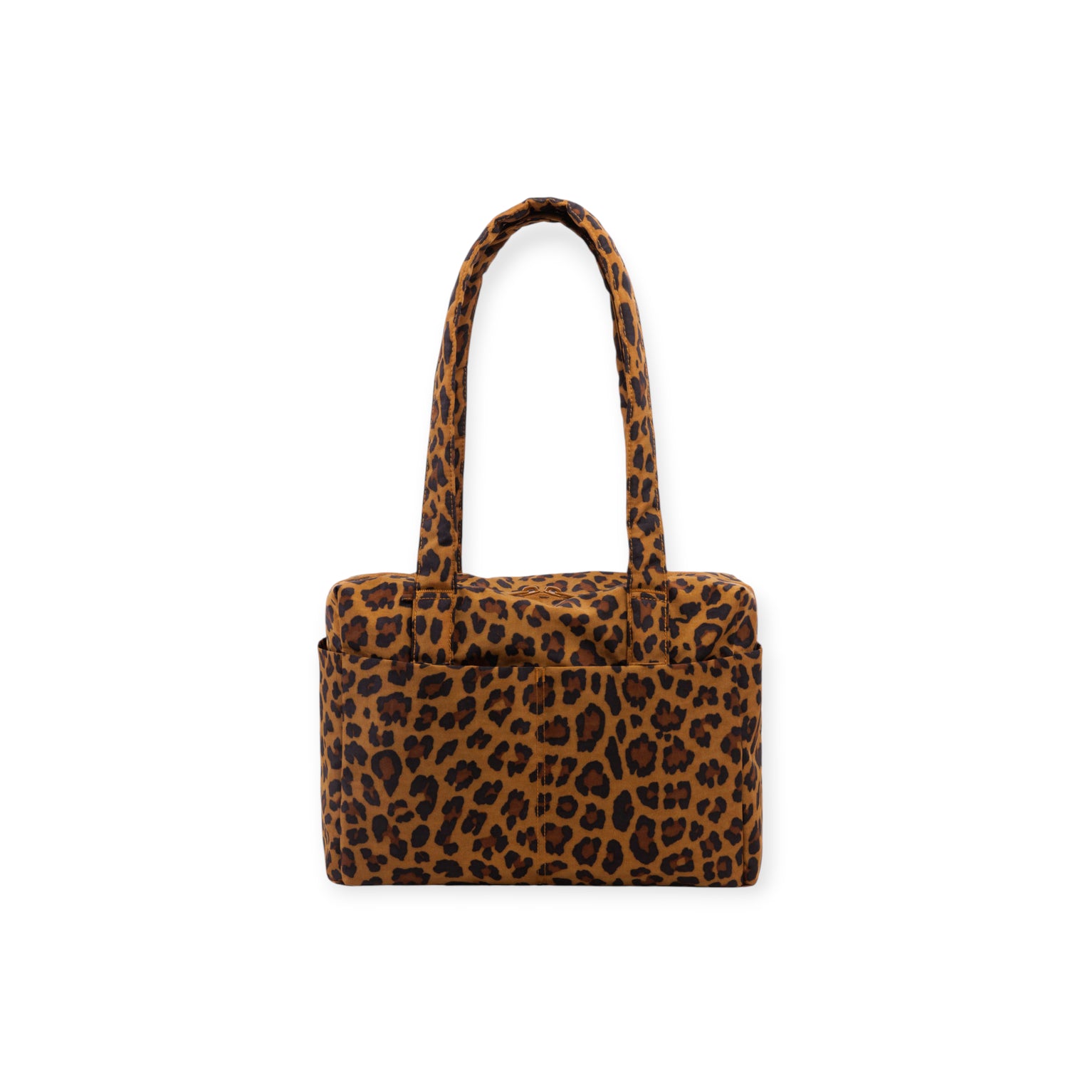 Rectangular tote bag with brown and black leopard print fabric and two long shoulder straps on white background