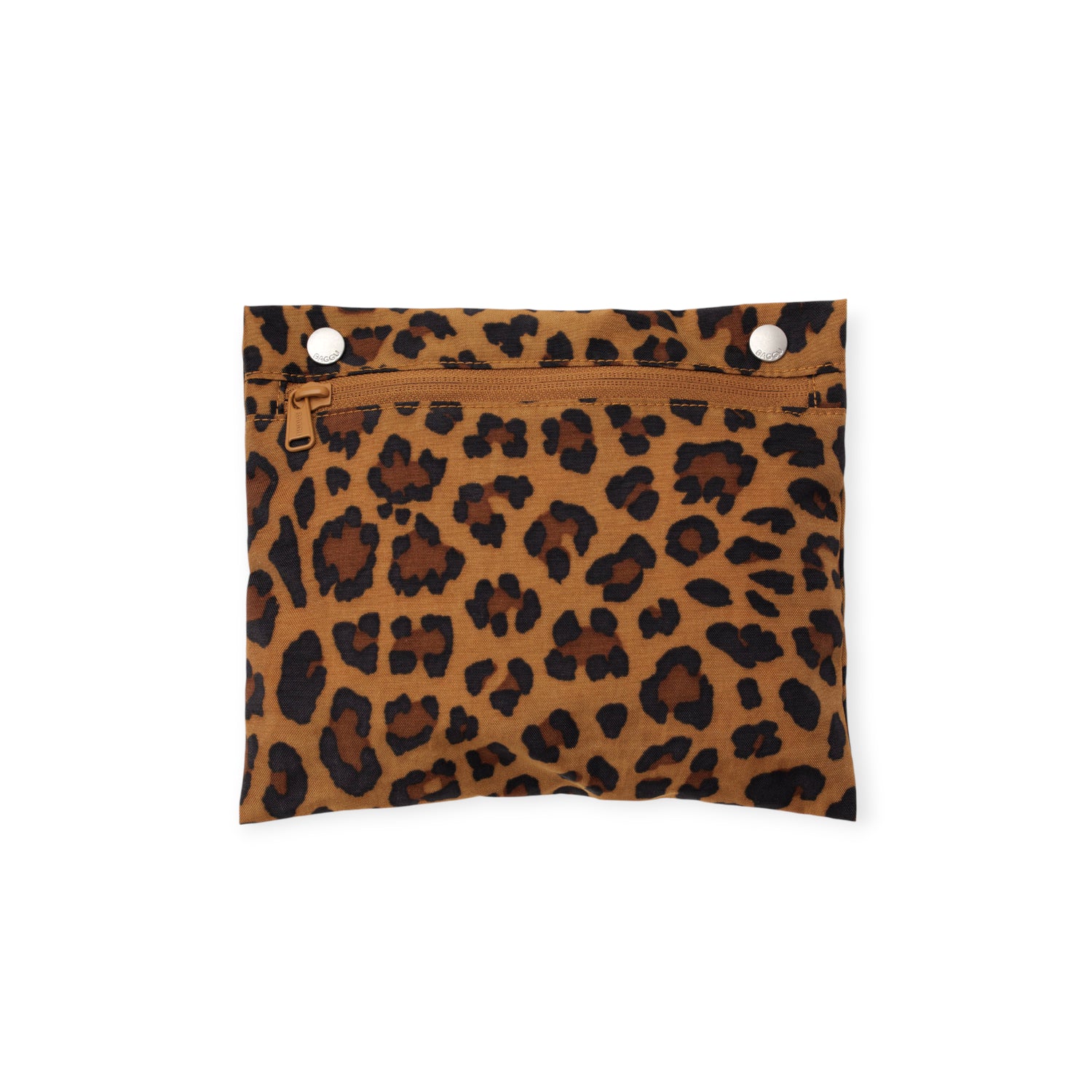 Small rectangular pouch with brown and black leopard print fabric and zipper closure on white background