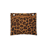 Small rectangular pouch with brown and black leopard print fabric and zipper closure on white background