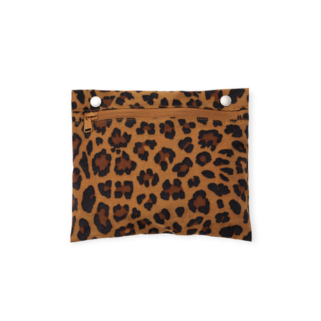 Small rectangular pouch with brown and black leopard print fabric and zipper closure on white background