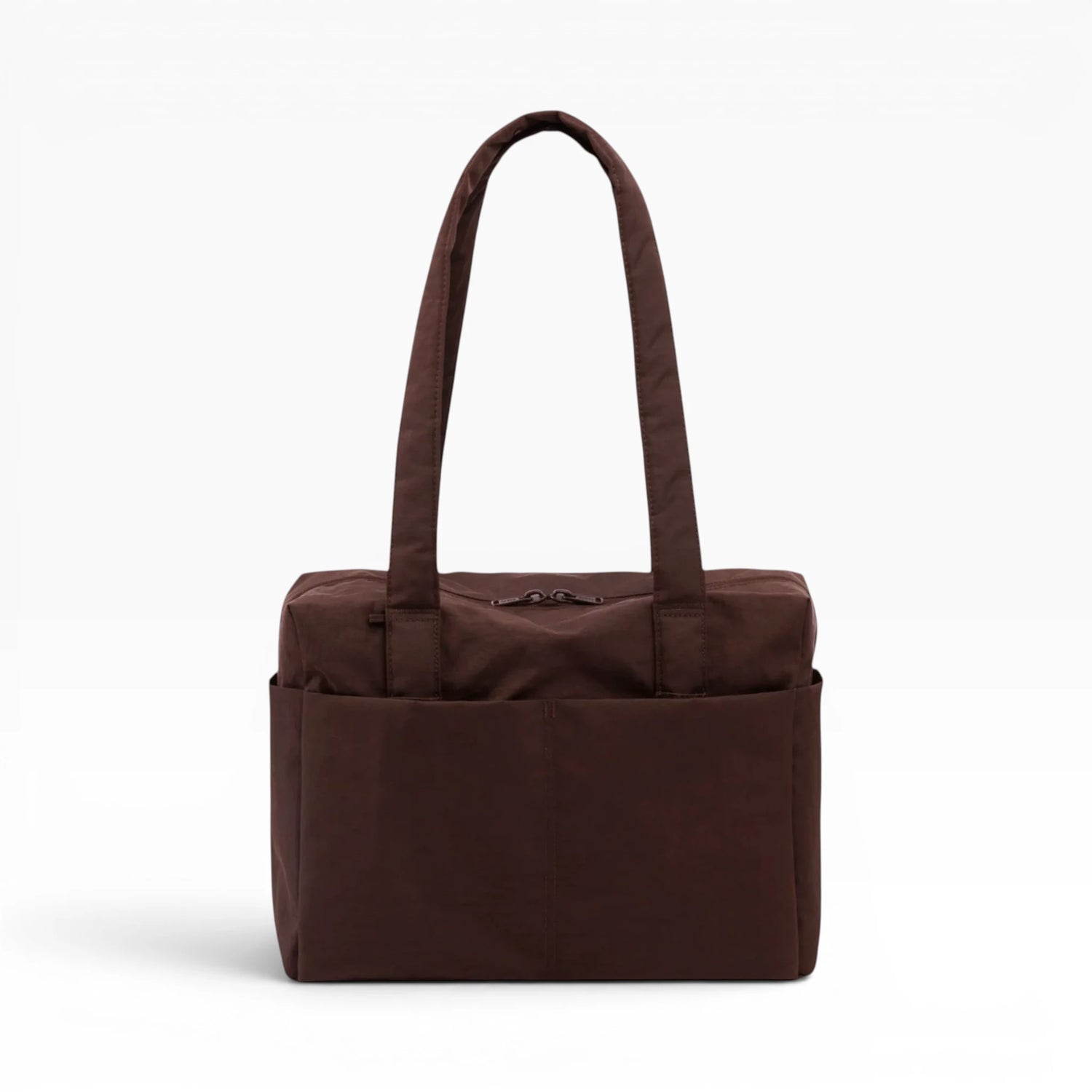 Brown canvas tote bag with flat top handles and center front panel