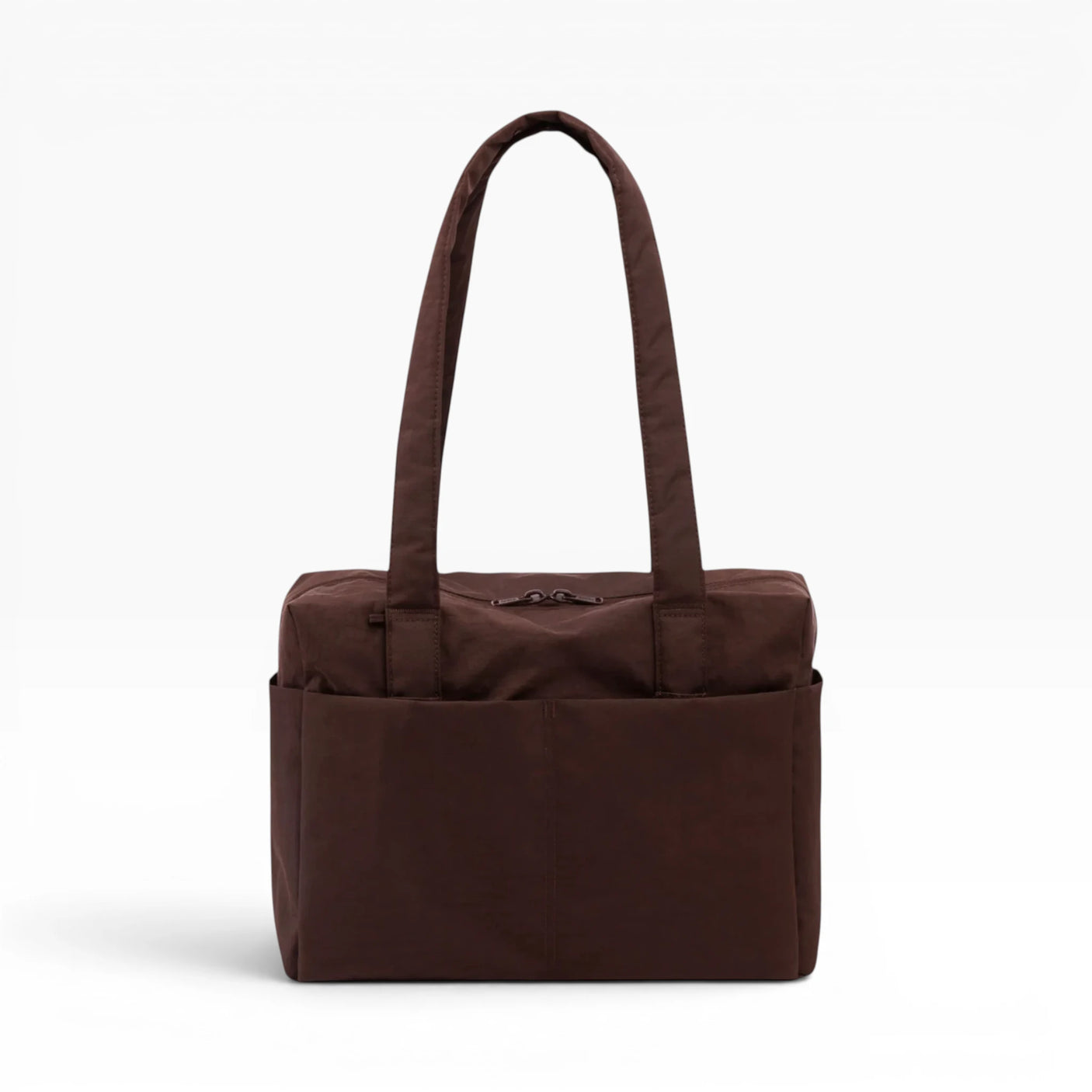 Brown canvas tote bag with flat top handles and center front panel