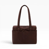Brown canvas tote bag with flat top handles and center front panel