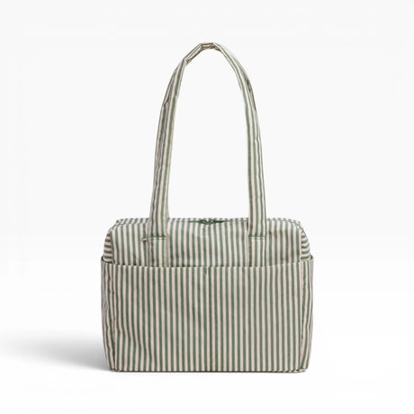 Striped tote bag with top handles, sage green and white vertical stripes