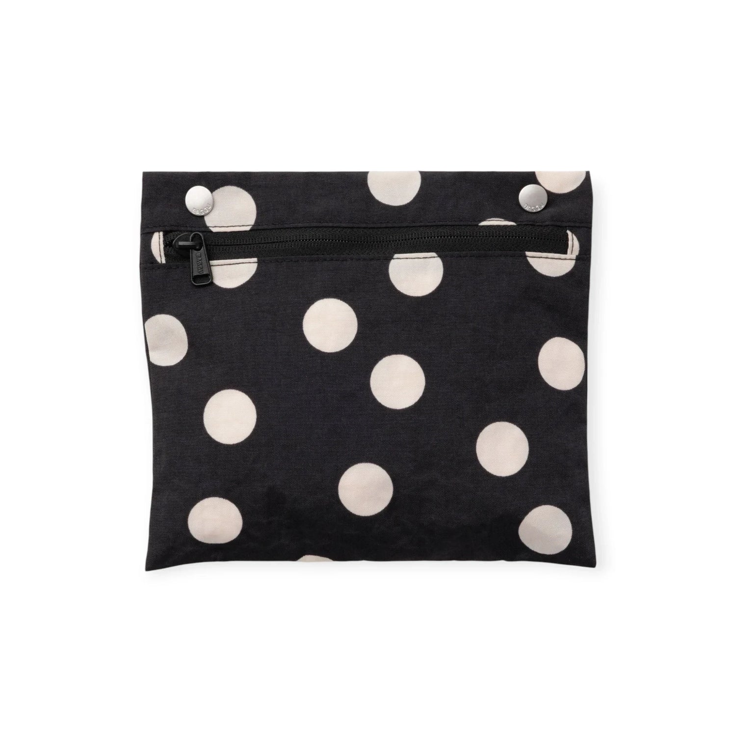 Black zipper pouch with cream polka dots, flat front view