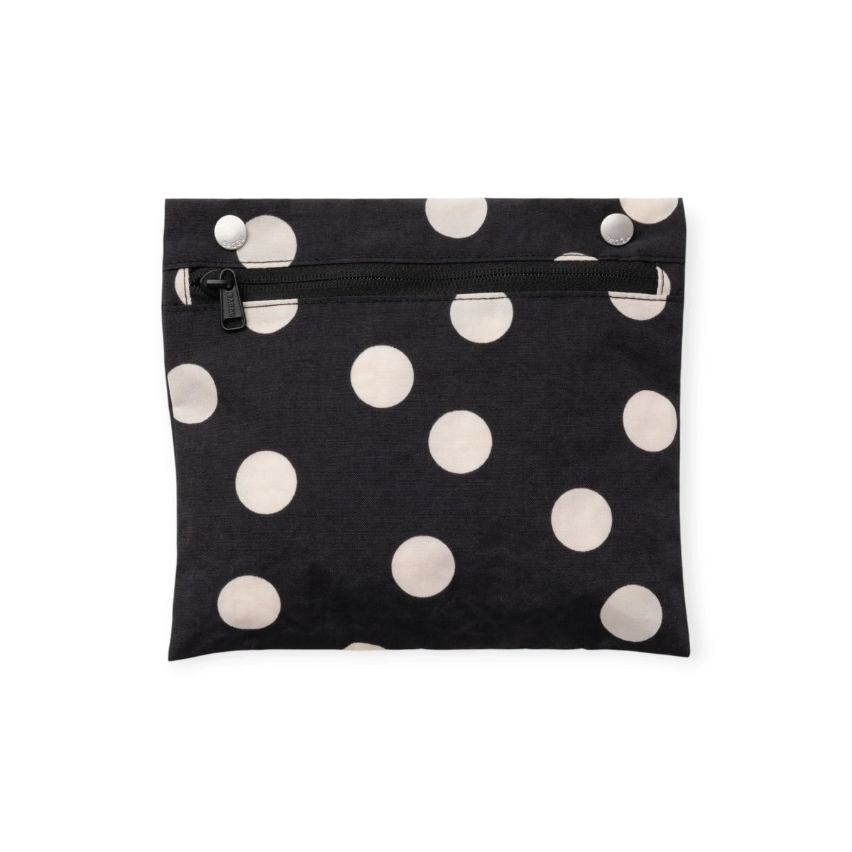 Black zipper pouch with cream polka dots, flat front view