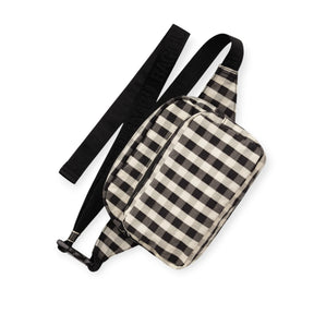 Baggu gingham fanny pack with black straps and zip front pocket