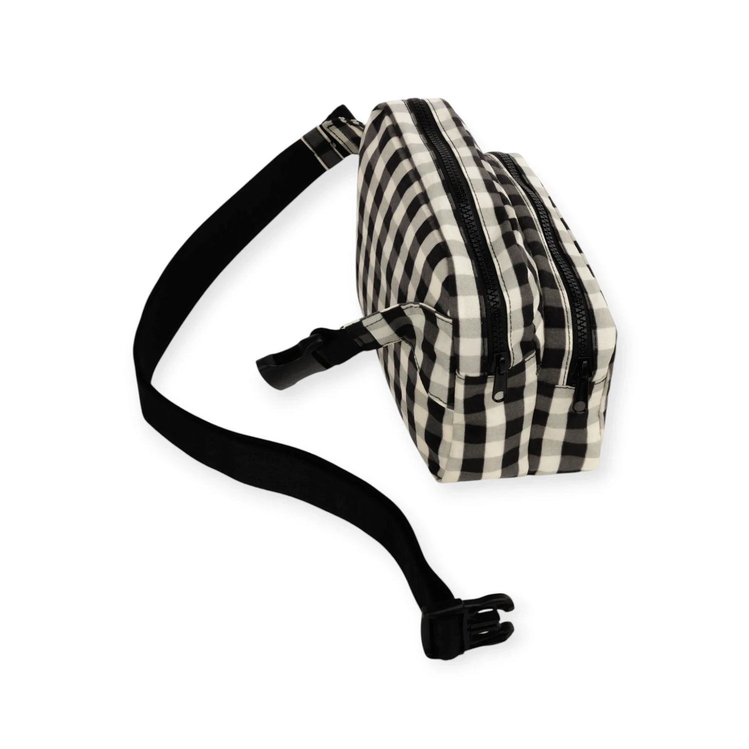 Baggu gingham fanny pack bag with black zip and adjustable shoulder strap