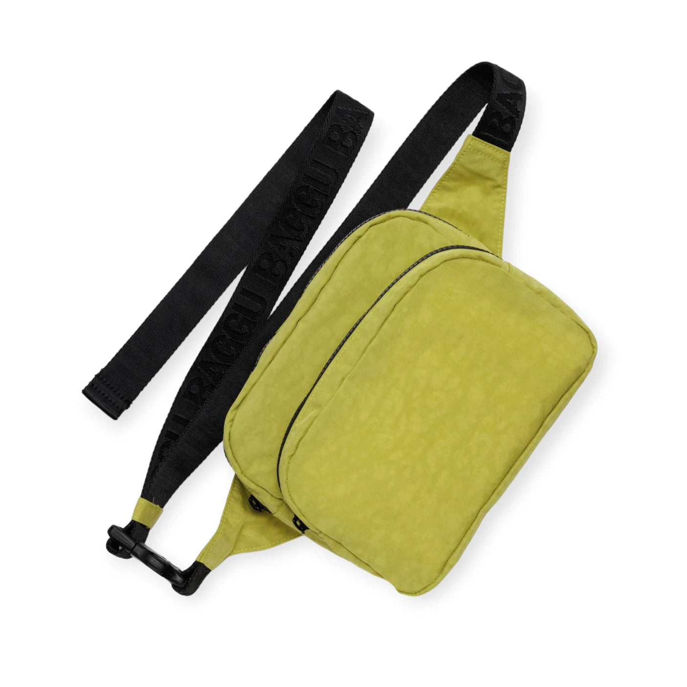 The Baggu Fanny Pack - Lemongrass, an eco-friendly crossbody bag with two zippered compartments and an adjustable black strap, sits elegantly on a white background.