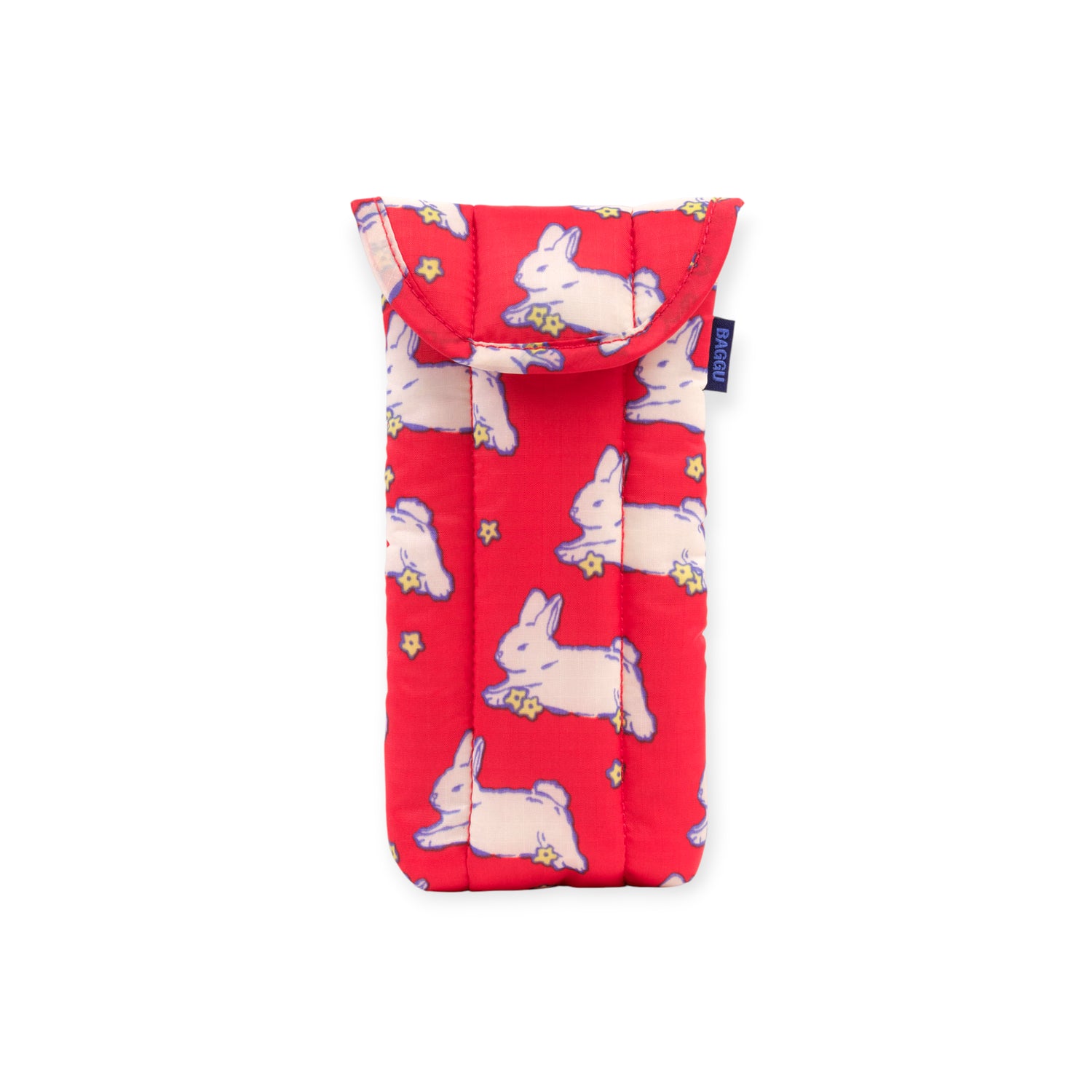 Padded fabric eyeglass pouch in bright red with repeating pattern of white rabbits holding yellow flowers and flap closure