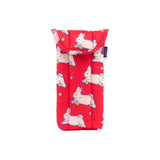Padded fabric eyeglass pouch in bright red with repeating pattern of white rabbits holding yellow flowers and flap closure