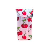 Padded fabric eyeglass sleeve with bright red cherries and green leaves on white and light pink background